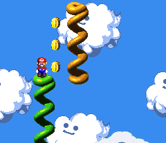 Mario finding 3 10-Coins in the first beanstalk area of the Bean Valley of Super Mario RPG: Legend of the Seven Stars.