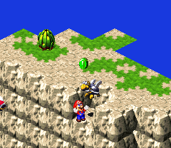 Sergeant Flutter giving Mario Frog Coins in Land's End of Super Mario RPG: Legend of the Seven Stars.