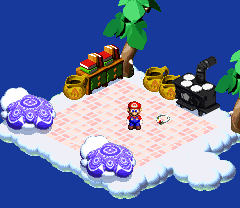 Mario picking up the Signal Ring after Croco dropped it in Nimbus Land of Super Mario RPG: Legend of the Seven Stars.