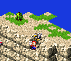 Sergeant Flutter giving Mario the Troopa Pin in Land's End of Super Mario RPG: Legend of the Seven Stars.