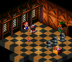 Booster giving Mario the Amulet in the Booster Tower of Super Mario RPG: Legend of the Seven Stars.