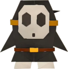 An origami Black Shy Guy from Paper Mario: The Origami King.