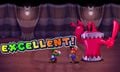 The Mario Bros. getting an "Excellent" on a Bros. Attack against the Chuckolator (Mario & Luigi: Superstar Saga + Bowser's Minions)