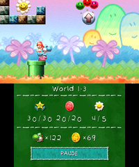 Smiley Flower 5: In a block enclosure above the pipe near the end of the level. Light Blue Yoshi must first drop a nearby spring ball onto the ground, either by popping the Item Balloons that carry it with eggs or simply jumping off an enemy to it. He must then bounce off the spring ball to reach the Smiley Flower.