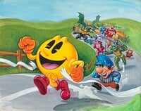 Promotional Namco leaflet featuring Pac-Man outrunning parodies of Mario and other characters.