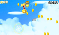 Screenshot from New Super Mario Bros. 2, showing Mario ride on a Gold Lakitu's Cloud