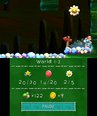 Smiley Flower 3: In an area accessed via a pipe just after the previous area. Here, Light Blue Yoshi must be navigated through a series of Nipper Spores and missile-dropping Item Balloons and reach a dead end, where he can reveal a hidden Winged Cloud by tossing an egg into a trail of coins that reflects off the wall. He must then hit the cloud to reveal the Smiley Flower.