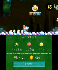 Smiley Flower 2: After a pipe that produces yellow Shy Guys, there are three Winged Clouds, the middle of which contains the second Smiley Flower. A row of blocks is under it; after revealing it, Light Blue Yoshi must hit it with an egg, spat out enemy, or jump off an enemy to collect it.