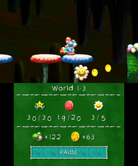 Smiley Flower 4: In an area with four mushroom platforms over a pit, before the pipe that leads above the ground, Light Blue Yoshi must step on the red mushroom platform to make the fourth Smiley Flower appear under the adjacent blue mushroom. He can then ricochet an egg off the ledge before him to hit and collect the flower.