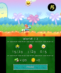 Smiley Flower 1: Hidden Winged Cloud located among the Item Balloons at the start of the level. A trail of coins leading to it will appear if Light Blue Yoshi hits another Winged Cloud at the right.