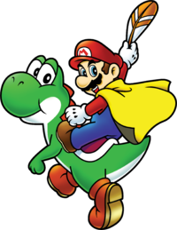 Caped Mario holding a Cape Feather while he is mounted on Yoshi, from Super Mario World: Super Mario Advance 2.