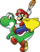 Caped Mario holding a Cape Feather while he is mounted on Yoshi, from Super Mario World: Super Mario Advance 2.