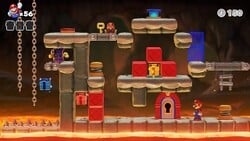 Screenshot of Fire Mountain Plus level 3-4+ from the Nintendo Switch version of Mario vs. Donkey Kong