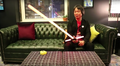 Miyamoto wielding a replica of Kylo Ren's lightsaber