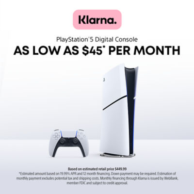 alt="Klarna. PlayStation 5 Digital Console. As low as $45* per month. Based on estimated retail price $449.99. *Estimated amount based on 19.99% APR and 12 month financing. Down payment may be required. Estimation of monthly payment excludes potential tax and shipping costs. Monthly financing through Klarna is issued by WebBank, member FDIC and subject to credit approval."