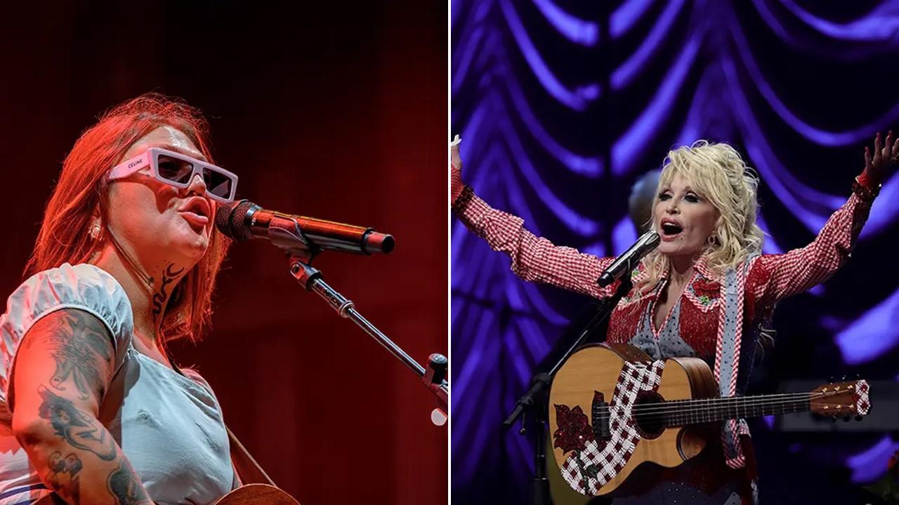 Elle King and Dolly Parton singing into mics. 