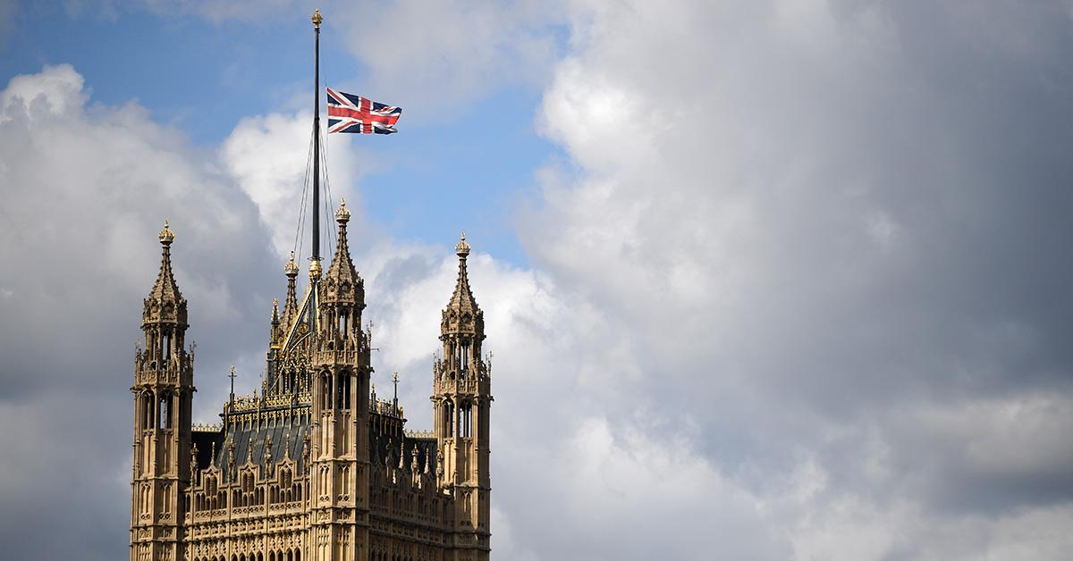 A U.K. flag flying at half mast following Prince Philip's death in 2021. 