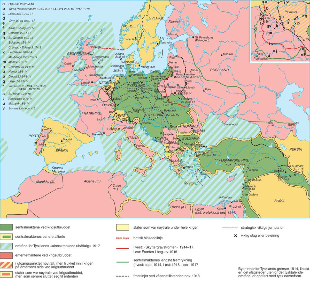 Sentralmaktene (Tyskland, Østerrike-Ungarn, Bulgaria, Det osmanske riket) er markert med grønn farge, ententemaktene (Frankrike, Portugal, Italia, Storbritannia, Russland, Marokko, Algerie, Egypt med flere) med rød. Nøytrale land (Spania, Sveits, Danmark, Norge, Sverige med flere) i gult.