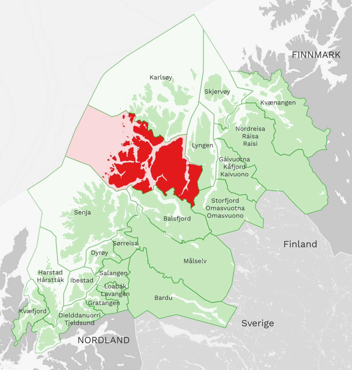 Kart: Tromsø kommune i Troms