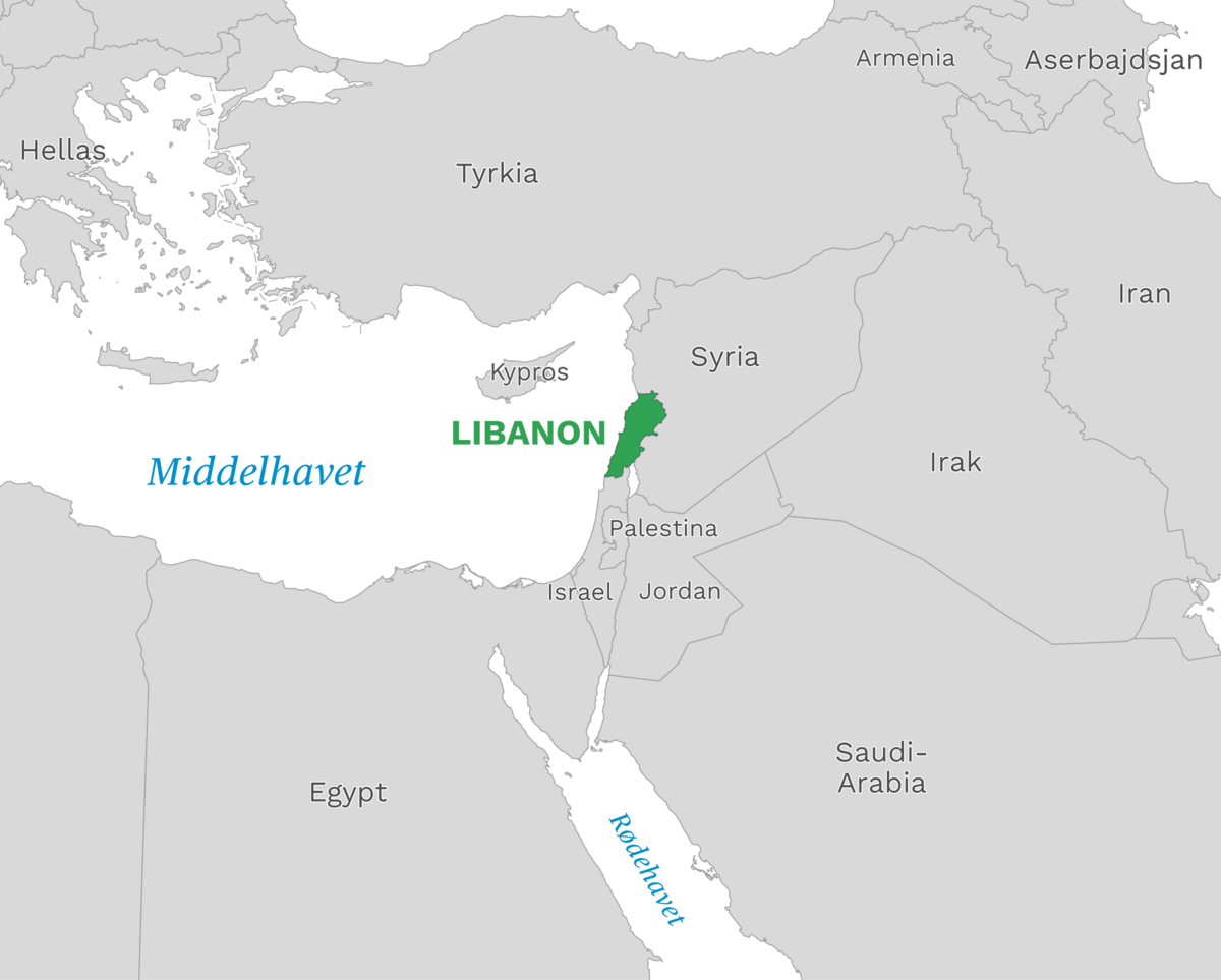 Plassering av Libanon med naboland rundt, kart