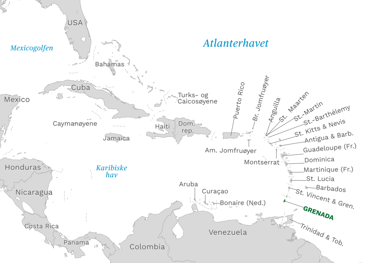 Plassering av Grenada med naboland rundt, kart