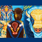 A graphic depicting 6 colourful, decorative bison heads.