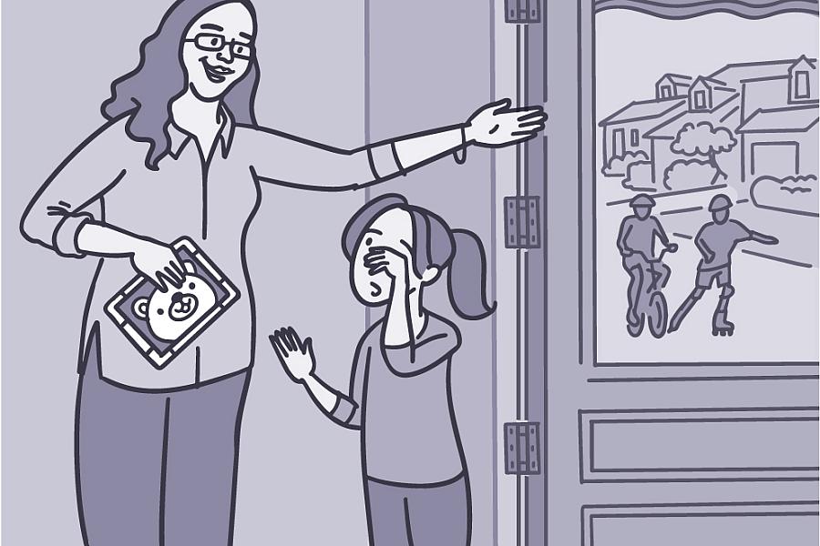 Illustration of a mom holding a tablet while showing her daughter the kids outside, while the child rubs her eyes.