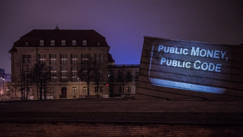 A official building in Berlin with the sentence 'Public Money, Public Code'