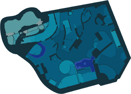 Radar map of the Sun-Speckled Terrace, rotated to be north-up and with bodies of water composited in.