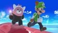 Bewear walking near Tanooki Luigi on Pilotwings.