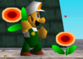 Luigi holding a Fire Flower next to another Fire Flower in Smash 64.