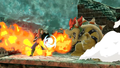 The Hero blocking Bowser's Fire Breath with his shield.