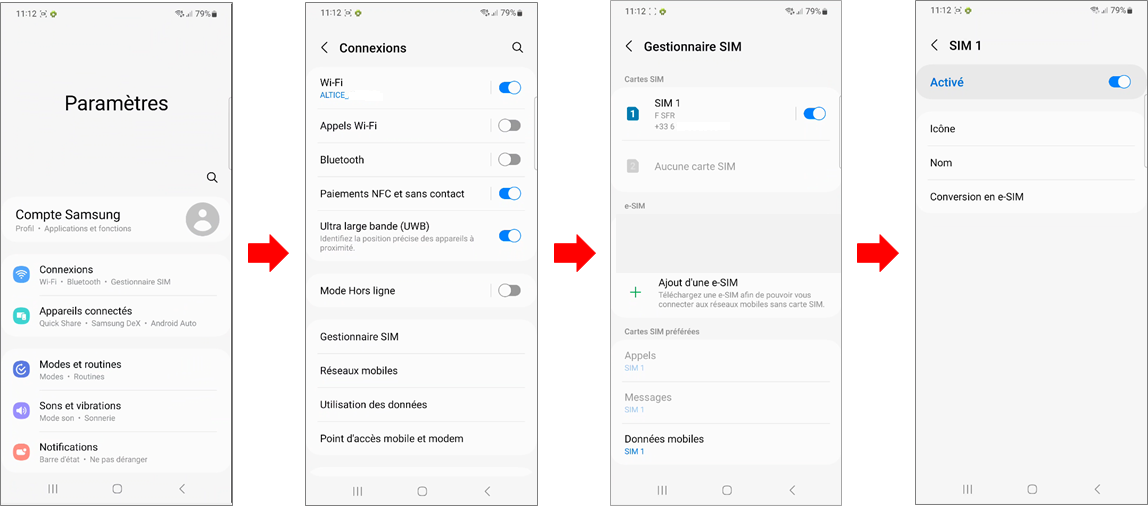 visuel présentant le parcours pour transformer sa carte SIM en eSIM sur un Samsung