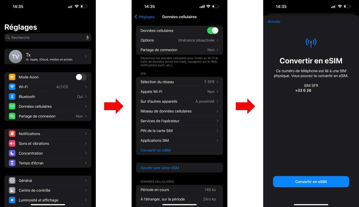 visuel présentant le parcours pour transformer sa carte SIM en eSIM sur un iPhone