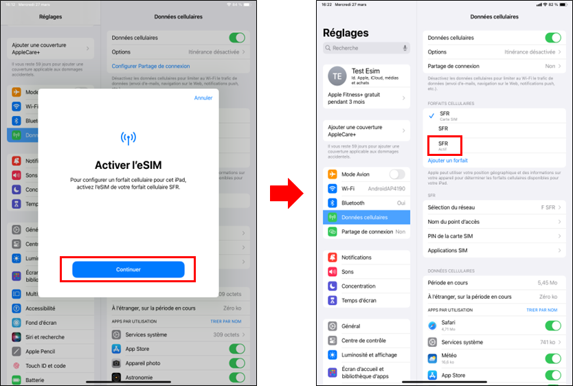 visuel présentant la suite du parcours pour transformer sa carte SIM en eSIM sur un iPad