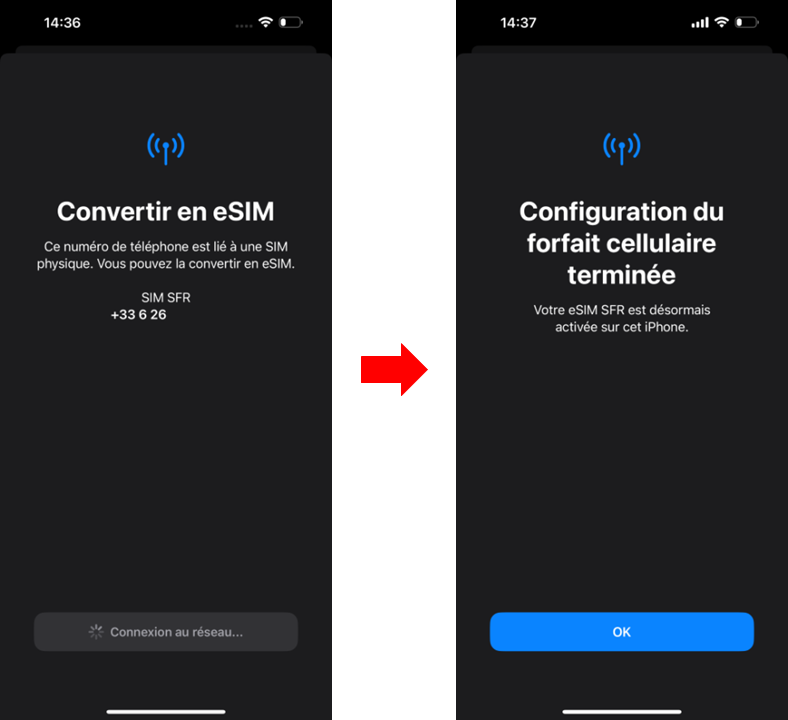 visuel présentant la suite du parcours pour transformer sa carte SIM en eSIM sur un iPhone