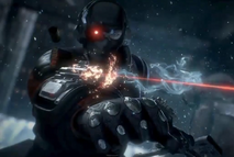 Deadshot shooting his twin-mounted wrist guns.