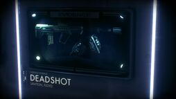 Deadshot's display case in the Evidence Room at the GCPD Lockup in Arkham Knight.