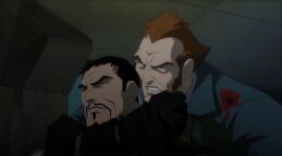 Deadshot getting choked by Captain Boomerang.