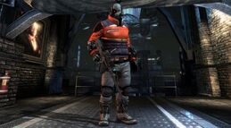 A full-body shot of Deadshot, somehow modeled in the Intensive Treatment Lobby from Batman: Arkham Asylum.