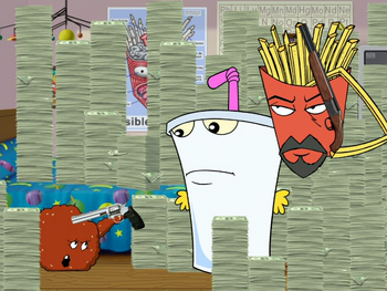 Meatwad, Frylock, and Shake argue about the counterfeit money