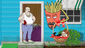 Frylock attempts to pass the "Kill Dummy" off as a gift to Carl who is missing fingers