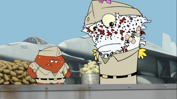 Shake, who was mutilated and taped back together, and Meatwad in the Marines