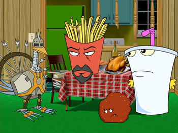 Turkatron confronts the Aqua Teens at Thanksgiving Dinner