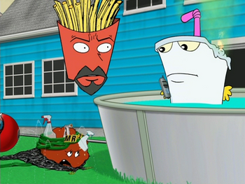 Meatwad as Mr Mister and Frylock appearing concerned at Shake who is melting from radiation