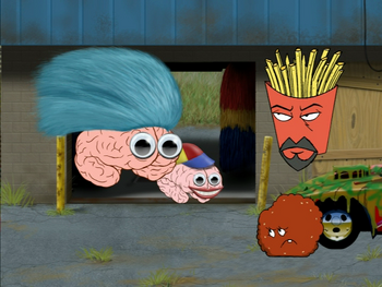 Frylock meeting floating brains Carl and Carl Jr. who have googly eyes on them