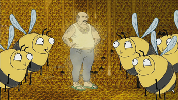 A shrunken Carl surrounded by several bees