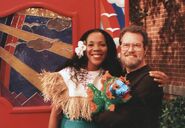 (Left to right) Phyllis Cicero and production designer Jess Nelson, puppeteering the Magic Fish on the set of "Gone Fishing!".