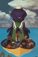 Barney and the Backyard Gang in the boat with a CGI background.