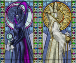 A stained glass window depicting the Umbran and Lumen Elders in Bayonetta: Bloody Fate